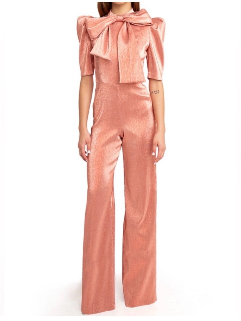 Black Halo Ara Puff Sleeve Neck Bow metallic rose gold jumpsuit